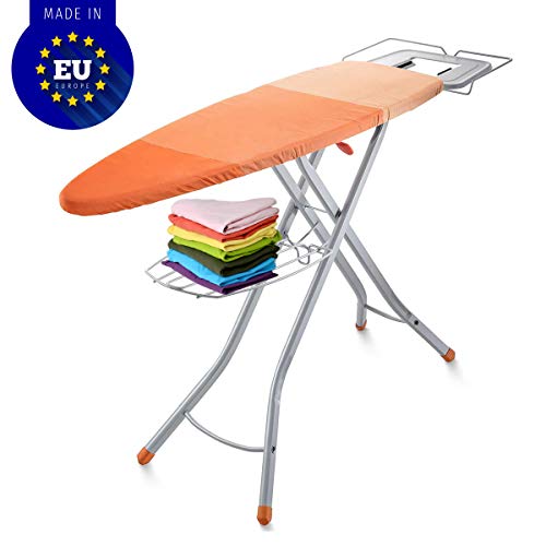 Bartnelli Adjustable Ironing Board with Cover Steam Iron Rest  Storage Tray for Finished Clothes  Wire Rack for Hanging Shirts and Pants  Stability Space Saving Size 48 x 16 European Made Board
