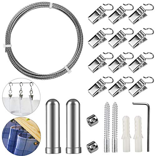 Pinowu Stainless Steel Curtain Drape Wire Rod Set with 12 Clips - Picture Hanging Wire Clothesline Wire Multi-Purpose Set Hang Photos Notes Art 3 Meter