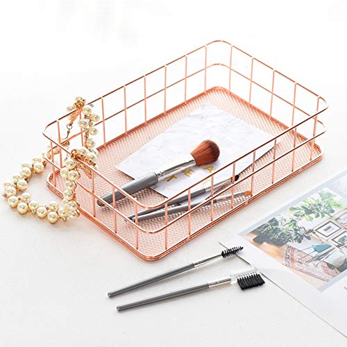 Micozy Organizer Metal Wire Mesh Basket Rack for Office Desktop StorageFruit Snacks TrayKitchen Tool Holders Brushes Organizer Rose Gold L