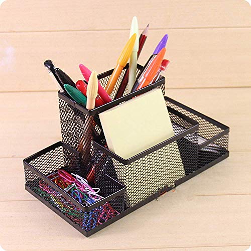 Pen Holder Metal Wire Mesh Pencil Container 4 Divided Compartments Home Office Supplies Desktop Accessory Organizer Magnetic Storage Basket Anti-Slip Durable Desk Caddy for Pen Paper Clips Stapler