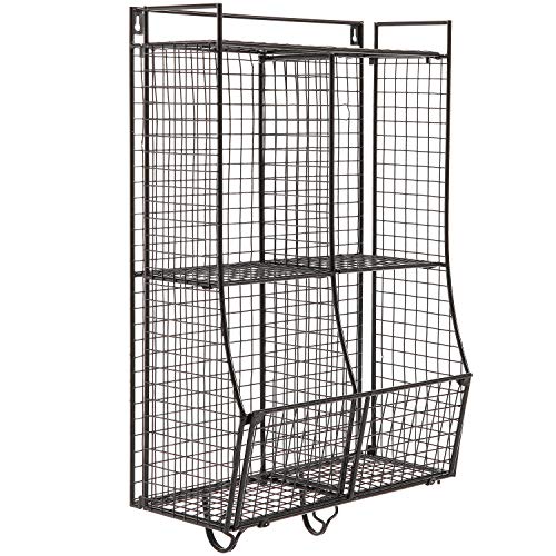 Wall MountedCollapsible Black Metal Wire Mesh Storage Basket Shelf Organizer Rack w 2 Hanging Hooks