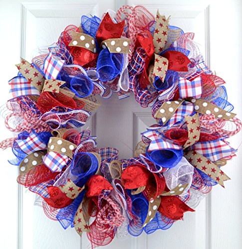Fourth of July Independence Day Mesh Door Wreath red white blue jute burlap  J1