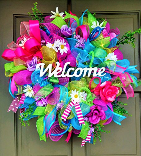 Handmade LED Pre-Lit Summer Spring Floral Deco Mesh Door Wreath All Occasion Light Up Large 24 Inch Indoor Outdoor Door Decor