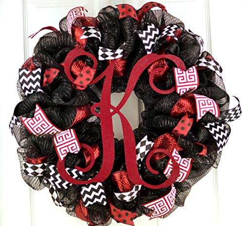 Monogram Mesh Door Wreath black maroon burgundy red white