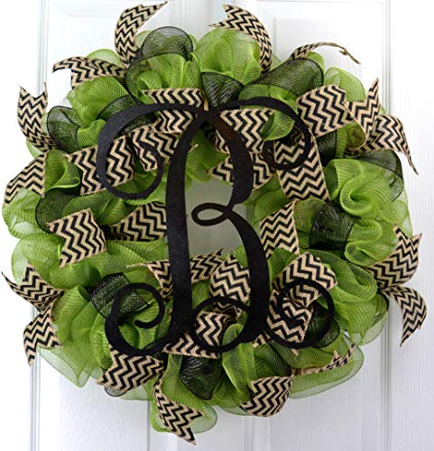 Moss Green Black Vine Monogram Letter Initial Welcome Mesh Door Wreath - LOTS OF COLORS