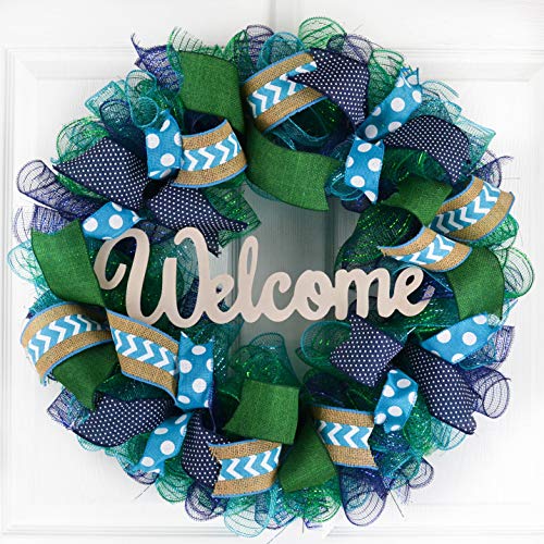Mothers Day Gift Ideas  Everyday Wreath  Mesh Door Wreath  Navy Blue Kelly Green Turquoise P3