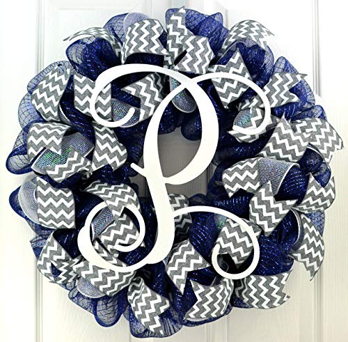 Navy Blue Grey White Chevron Vine Monogram Initial Letter Everyday Mesh Door Wreath - LOTS OF COLORS