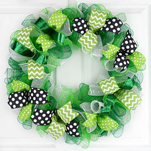 St Patricks Wreath - Saint Patricks Day Mesh Door Wreath - Lime Green White Black