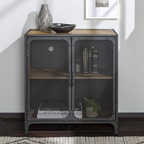 WE Furniture Industrial Metal Mesh Buffet Entryway Storage Cabinet Doors 30 Inch Brown Reclaimed Barnwood