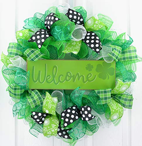 Welcome St Patricks Wreath - Saint Patricks Day Mesh Door Wreath - Green White Black