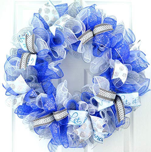 Winter Wreath  Christmas Winter Mesh Door Wreath Royal Blue White Silver