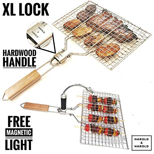 Harold Harold Fish Grill Basket with Free Magnetic Barbecue Light Kabob Grilling Basket Grill Accesories Great for Salmon Fish Steak Vegetables and Pork Stainless Steel Grill Basket