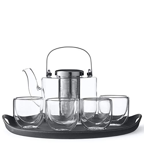 Glass Loose Leaf Tea Pot Infuser Steeper Kettle Set 4 Double Wall Teacups with Lid Best for Brewing Steep Teas - Reusable Stainless Steel Strainer With Lid Fine Mesh Filter for Steeping Tea Leaves