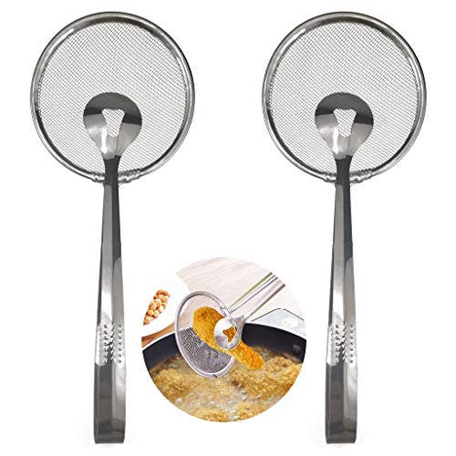 HuiDao 2Pcs Stainless Steel Fine Mesh Strainer Tongs Oil Filter Spoon 2 in 1 Oil Skimmer Colander with Clip for Filter Clamp Oil Fry Food
