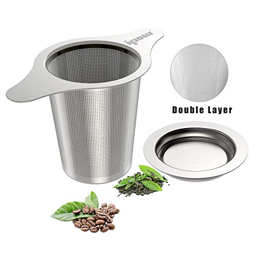 IPOW Upgraded 188 Stainless Steel Tea and Coffee Infuser Fine Mesh Filters Tea Strainer Steeper Double Handles for Hanging on Teapots Mugs Cups to steep Loose Leaf Tea and Coffee