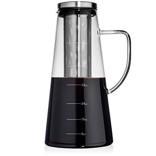 Large Cold Brew Coffee Maker 15L48oz Premium Quality Glass Carafe with Airtight Stainless Steel Lid Brews Hot or Iced Coffee Tea Removable Fine Mesh FilterFruit Infuser Bonus Cleaning Sponge
