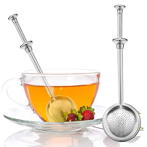 Senbowe 2 Pack FDA Approved Stainless Steel Tea Infuser Filters Strainer Steeper with Upgrade Fine Mesh Filters and Spring Handle for Hanging on Teapots Mugs Cups to steep Loose Leaf Tea and Coffee