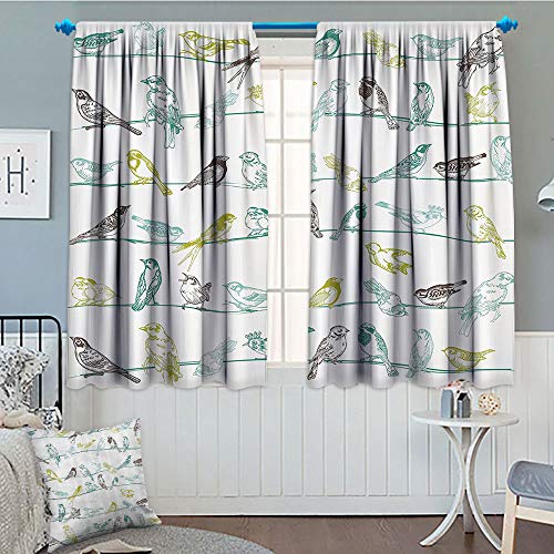 GLANDU Apartment Decor Window Curtain Fabric Various Type of Birds Sitting and Chirping on The Wires Musical Creatures Print Drapes for Living Room 72x63 Inch Light Green Brown
