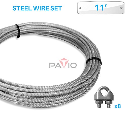 PATIO Paradise Shade Sail Hardware Kit11-Feet Wire Rope and 8 Pcs Clamps Coated Steel Cable 316 7x19 Stand Core