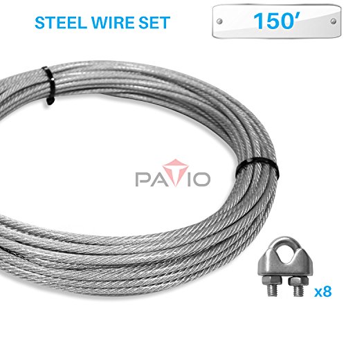 PATIO Paradise Shade Sail Hardware Kit150-Feet Wire Rope and 8 Pcs Clamps Coated Steel Cable 316 7x19 Stand Core