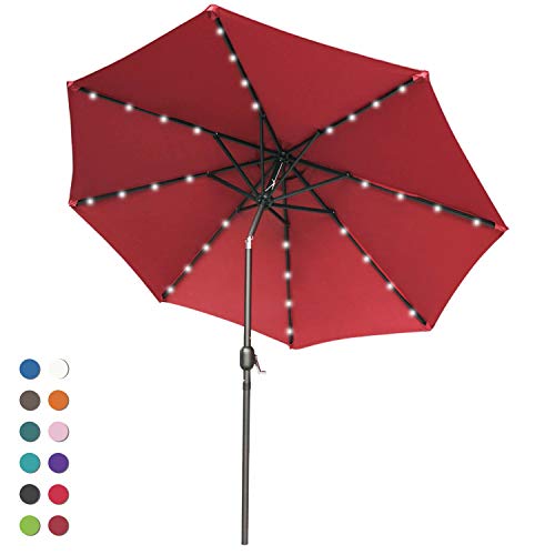 ABCCANOPY 9FT Patio Umbrella Ourdoor Solar Umbrella LED Umbrellas with 32LED Lights Tilt and Crank Table Umbrellas for Garden Deck Backyard and Pool12Colors Burgundy