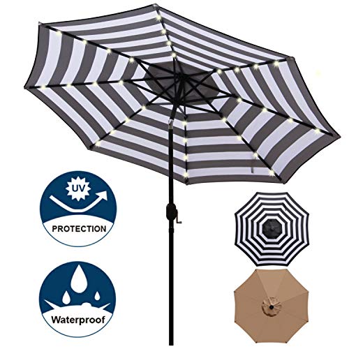 Blissun 9 ft Solar Umbrella 32 LED Lighted Patio Umbrella Table Market Umbrella Outdoor Umbrella for Garden Deck Backyard Pool and Beach Black and White