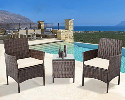 Oakmont Outdoor 3-Piece Rattan Wicker Bistro Set Brown Conversation Furniture 2 Chairs with Glass Top Coffee Table Sets Beige Cushions Backyard Pool Garden