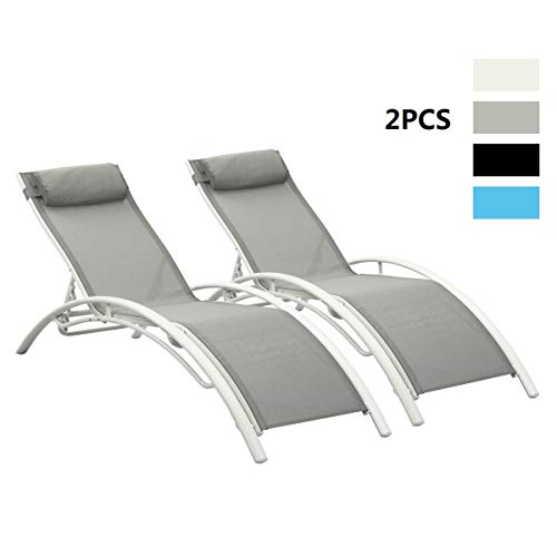 PCAFRS Adjustable Chaise Lounge Chair with Headrest Set of 2 Aluminum for Sunbathing On Outdoor Patio Beach Pool Backyard Lounge Chair Grey