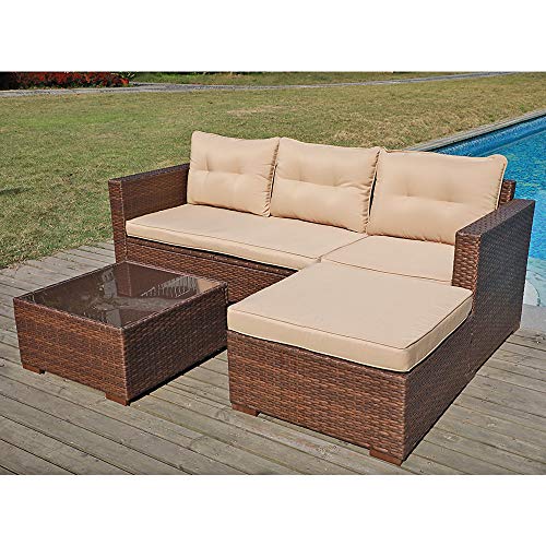 SUNSITT Outdoor Sectional Sofa 4 Piece Furniture Set Brown Wicker with Beige Seat Cushions Ottoman Glass Coffee Table Patio Backyard Pool Steel Frame
