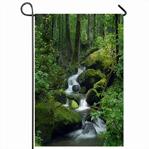 Ahawoso Outdoor Garden Flags 12x18 Inch Greenery Green Waterfall Cascade Falls Over Mossy Rocks Nature Creek Forest Parks Water Stream River Vertical Double Sided Home Decorative House Yard Sign