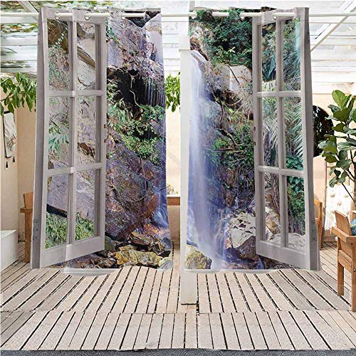 DONEECKL Waterfall Home Patio Outdoor Curtain Open Window Sees A Small Water Cascade Flowing Down Hills Recreational Picture Gazebo W55 x L72 inch Brown Green