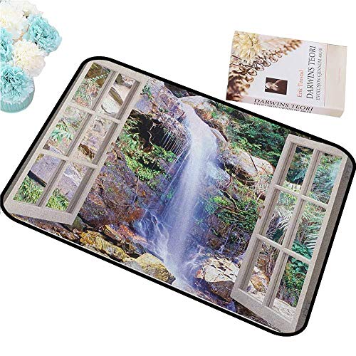 HCCJLCKS Waterproof Door mat Waterfall Open Window Sees A Small Water Cascade Flowing Down Hills Recreational Picture Quick and Easy to Clean W24 xL35