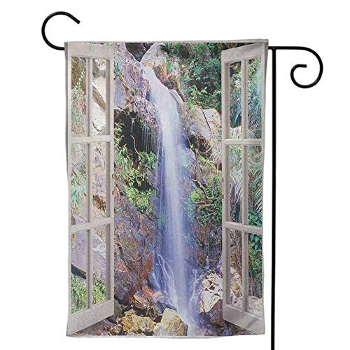 Holiday Flag Premium Quality Durable Material Double Sided for Holiday Seasonal Waterfall Open Window Sees A Small Water Cascade Flowing Down Hills Recreational Picture Brown Green12 x18 inch