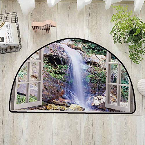 Lcxzjgk Multi-Pattern semi-Circular Door mat Waterfall Easy to Clean Open Window Sees A Small Water Cascade Flowing Down Hills Recreational PictureW35 x L24 Brown Green