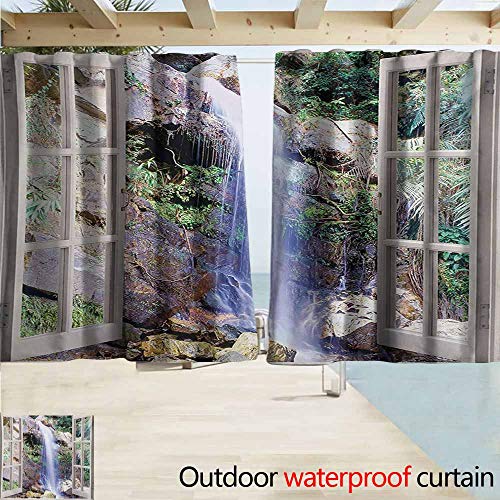 Lcxzjgk Waterfall IndoorOutdoor Curtains Open Window Sees A Small Water Cascade Flowing Down Hills Recreational Picture Perfect for Your Patio Porch Gazebo or Pergola W63 xL45 Brown Green