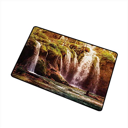 Nature Commercial Grade Entrance mat Waterfall Cascade Forest Tree Moss Lake Stones Rocks Wonder of The World Image for entrances garages patios W157 x L236 InchGreen and Brown