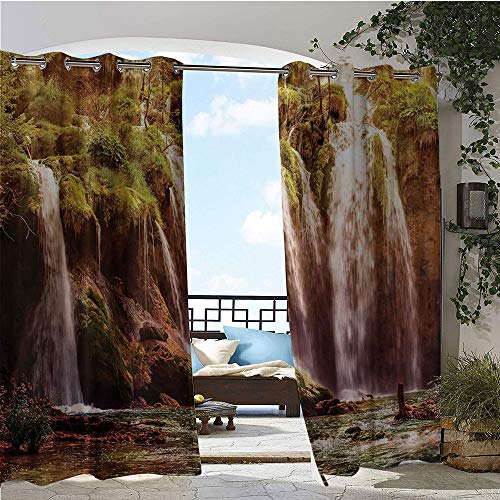 Outdoor Privacy Curtain for Pergola Waterfall Cascade Forest Tree Moss Lake Stones Rocks Wonder of the World Image Thermal Insulated Water Repellent Drape for Balcony W120 x L108 Inch Green and Brow