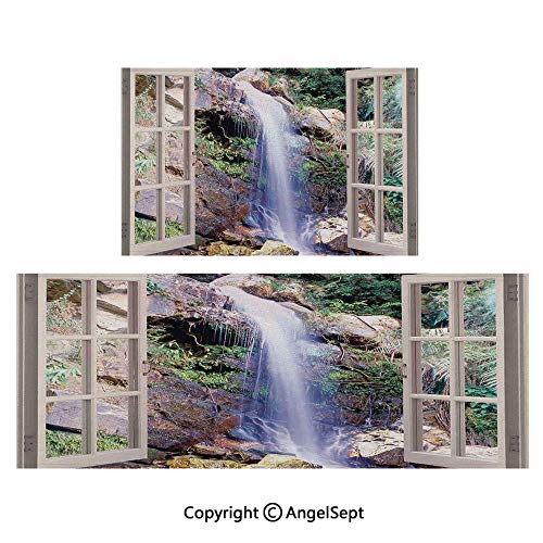 RWNFA Compatible Floor Mats 2piece SuitOpen Window Sees A Small Water Cascade Flowing Down Hills Recreational Picture 20x31by18 x55 Brown Greenwith Slip Skid Resistant Backing