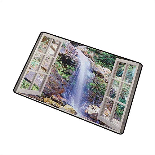 Wang Hai Chuan Waterfall Welcome Door mat Open Window Sees A Small Water Cascade Flowing Down Hills Recreational Picture Door mat is odorless and Durable W236 x L354 Inch Brown Green