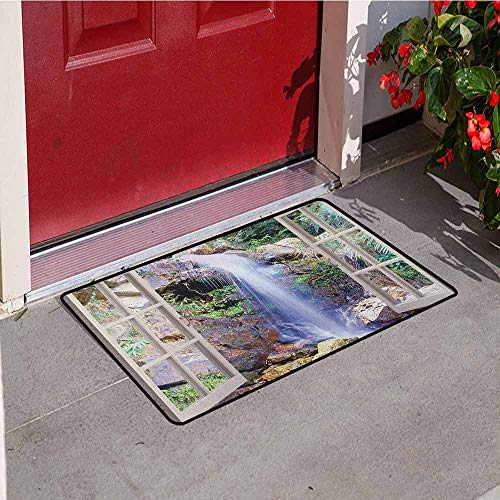 Waterfall Universal Door mat Open Window Sees A Small Water Cascade Flowing Down Hills Recreational Picture Door mat Floor Decoration W197 x L315 Inch Brown Green