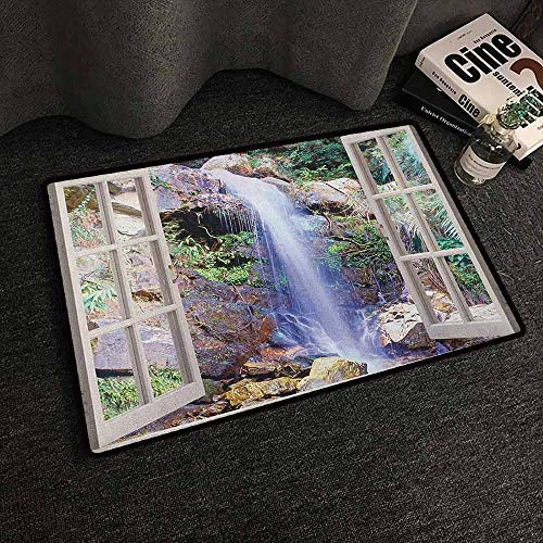 Xlcsomf Non-Slip Door mat Waterfall for Bathroom Open Window Sees A Small Water Cascade Flowing Down Hills Recreational Picture Brown GreenW35 x L47