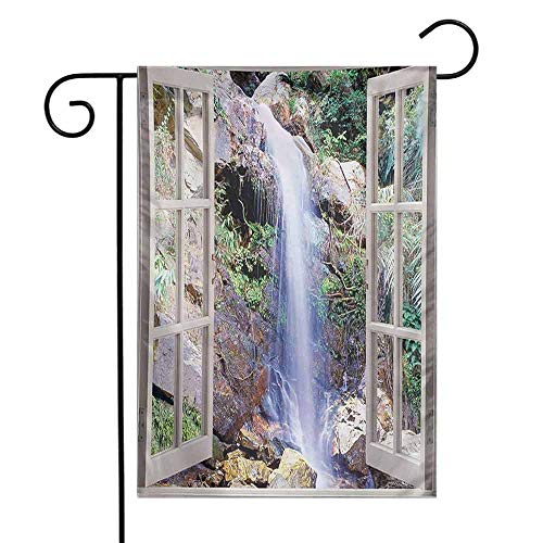 Zzmdear Custom Colorful Garden Flag Bright Yard Flags Open Window Sees A Small Water Cascade Flowing Down Hills Recreational Picture Brown Green 12x18