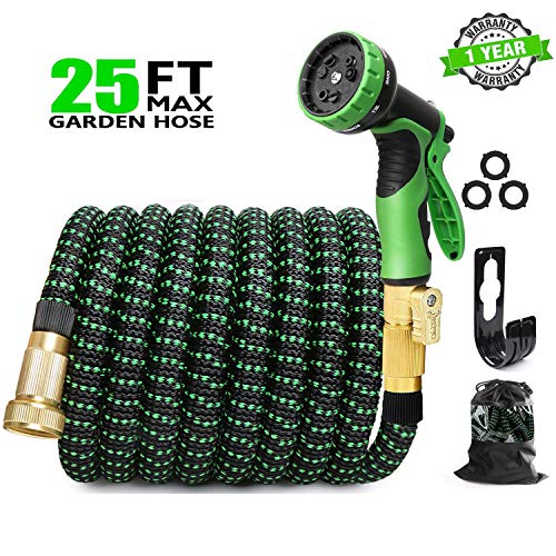 EASYHOSE 25ft Expandable Water Garden HoseExpanding Flexible Hose with Strength Stretch Fabric with Brass Connectors - 9 Way Spray Nozzle 12 Months Warranty