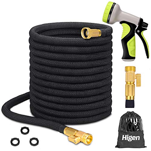 Higen 100ft Upgraded Expandable Garden Hose Set Extra Strength Fabric Triple Layer Latex Core 34 Solid Brass Fittings 9 Function Spray Nozzle with Storage Bag Premium No-Kink Flexible Water Hose