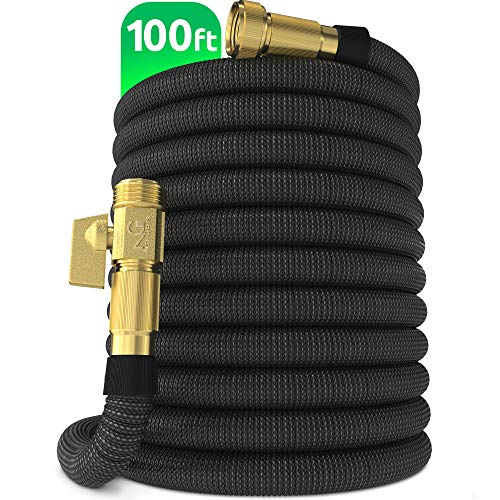 Nifty Grower 100ft Garden Hose - New Expandable Water Hose with Double Latex Core 34 Solid Brass Fittings Extra Strength Fabric - Flexible Expanding Hose with Storage Bag for Easy Carry