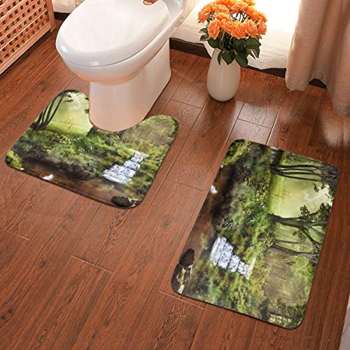Cinlanck 3D Fantasy Scenery with Pond Waterfall and Forest Polyester Fiber Flannel Fabric Bathroom U Shaped Contour Set Extra Soft and Absorbent Bath Rugs Floor Mats for Bath