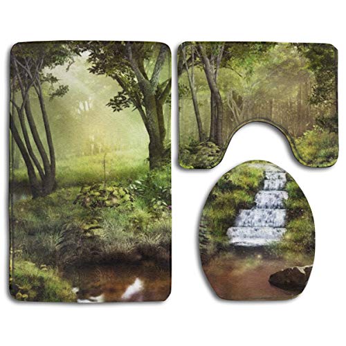 Gdrh Three Piece Bathroom Mat Set 3D Fantasy Scenery with Pond Waterfall and Forest Fashion Bathroom Rug Mats Set 3 Piece Anti-Skid Pads Bath Mat  Contour  Toilet Lid Cover