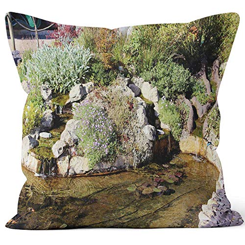 Image of a Garden Fish Pond with Waterfalls and Rockery Home Decor Throw Pillow Cover Cotton Linen CushionHD Printing for Couch Sofa Bedroom Livingroom Kitchen Car20 W by 20 L