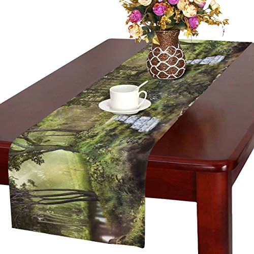 InterestPrint Fantasy Spring Scenery with Pond Waterfall and Forest Table Runner Cotton Linen Home Decor for Wedding Party Banquet Decoration 16 x 72 Inches
