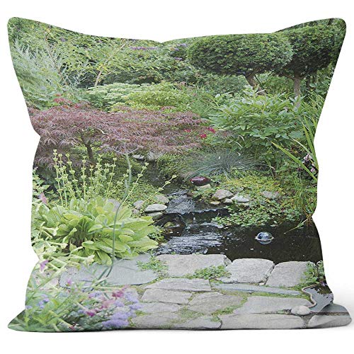 Nine City Garden with Pond and Waterfall Home Decorative Throw Pillow CoverHD Printing Square Pillow case18 W by 18 L